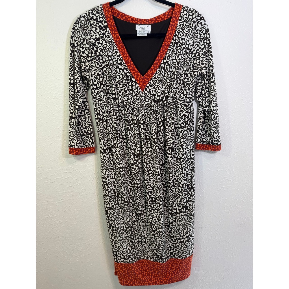 Maggy L London Women Black White Scroll Print Orange Trim V-Neck Dress Size 8